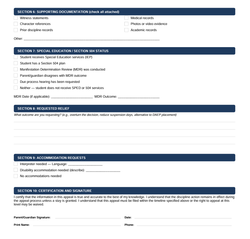Appeal form page 2 with SPED/504, supporting documentation, requested relief, and signature sections
